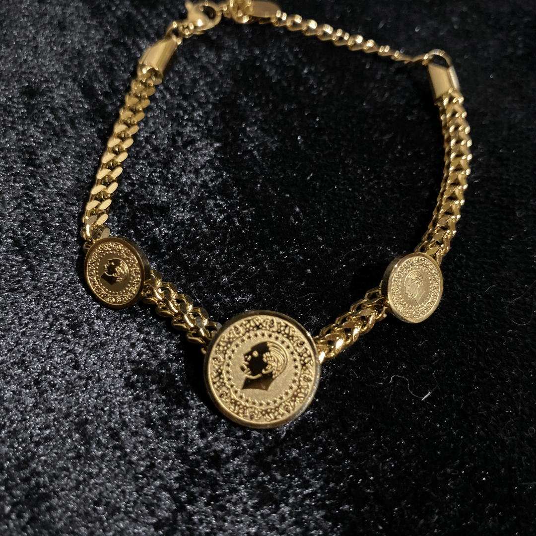 Altın Renk Üçlü Çeyrek Model Madalyon Zincir Bileklik