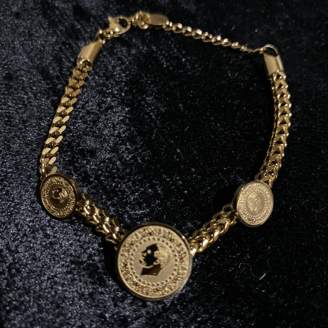 Altın Renk Üçlü Çeyrek Model Madalyon Zincir Bileklik