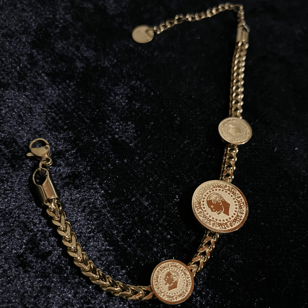 Altın Renk Üçlü Çeyrek Model Madalyon Zincir Bileklik