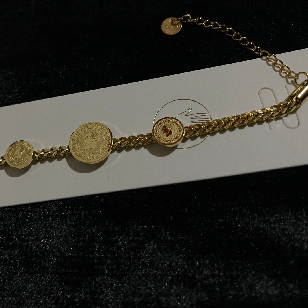 Altın Renk Üçlü Çeyrek Model Madalyon Zincir Bileklik