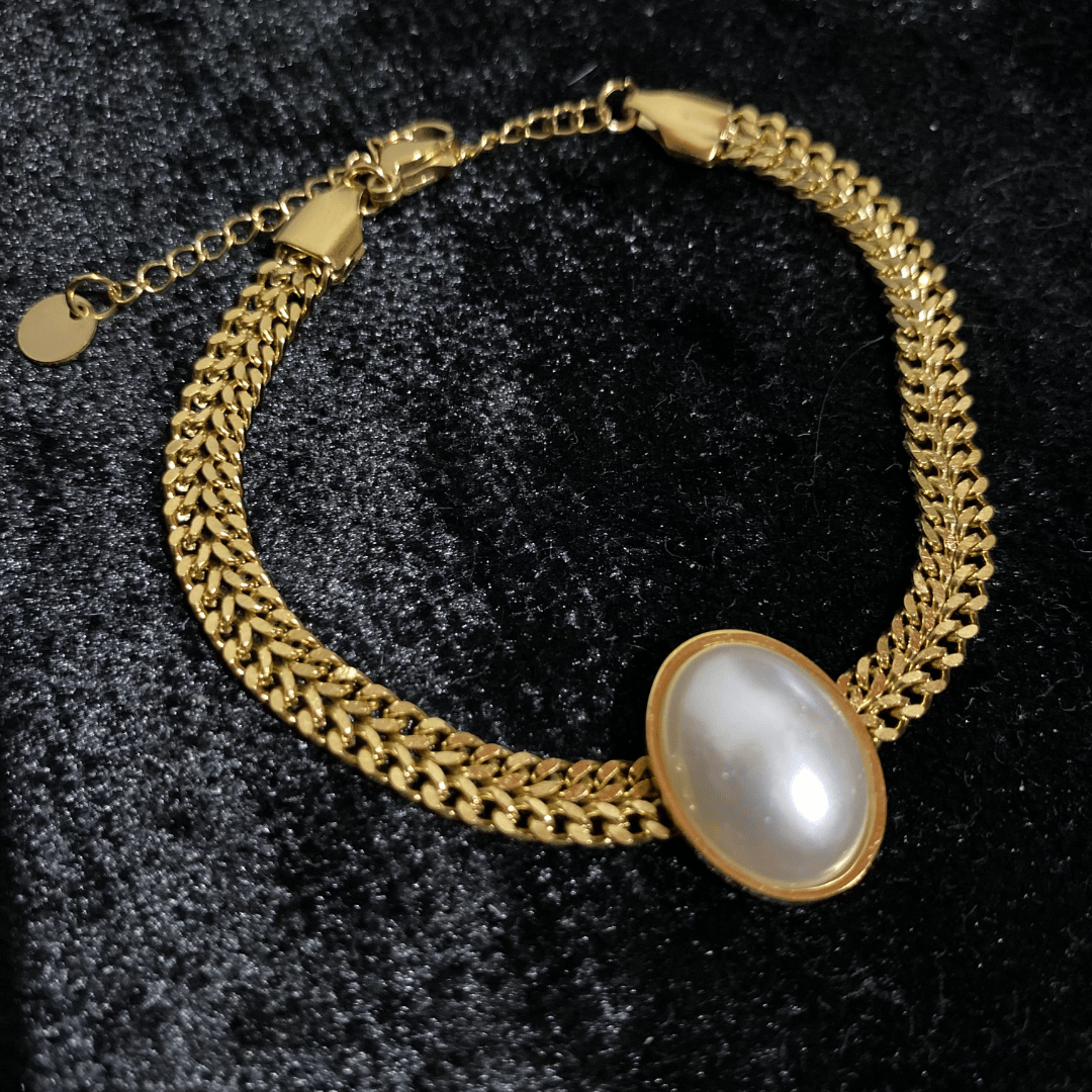 İnci Detaylı Çift Sıra Gold Zincir Bileklik