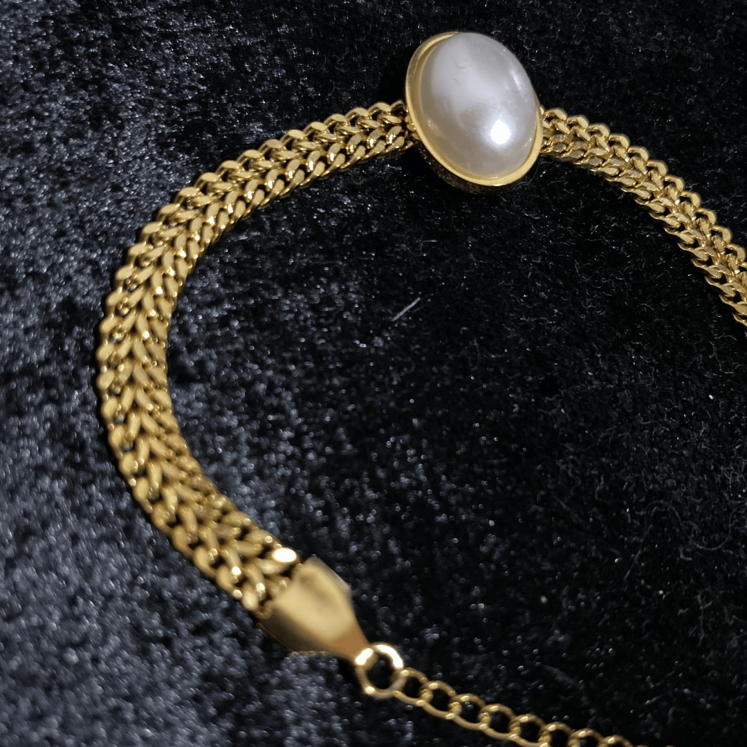 İnci Detaylı Çift Sıra Gold Zincir Bileklik