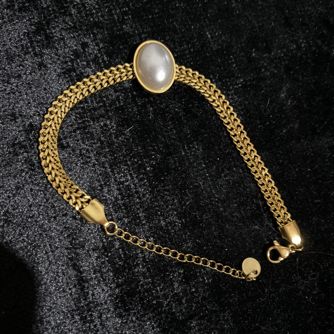 İnci Detaylı Çift Sıra Gold Zincir Bileklik