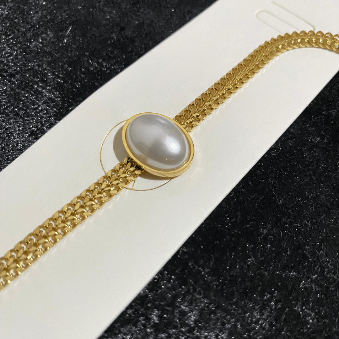 İnci Detaylı Çift Sıra Gold Zincir Bileklik