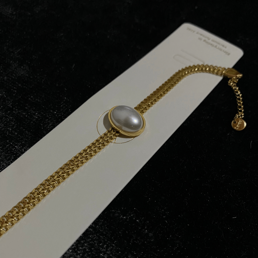 İnci Detaylı Çift Sıra Gold Zincir Bileklik