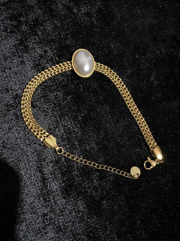 PearlGlow Çift Zincir Büyük İnci Detaylı Gold Bileklik