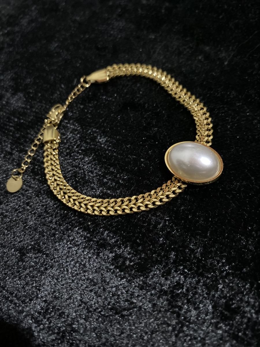 PearlGlow Çift Zincir Büyük İnci Detaylı Gold Bileklik