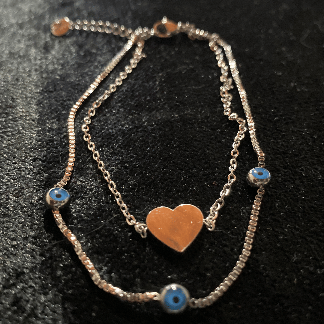 Çok Katmanlı Kalp ve Nazar Boncuklu Gümüş Renkli Halhal