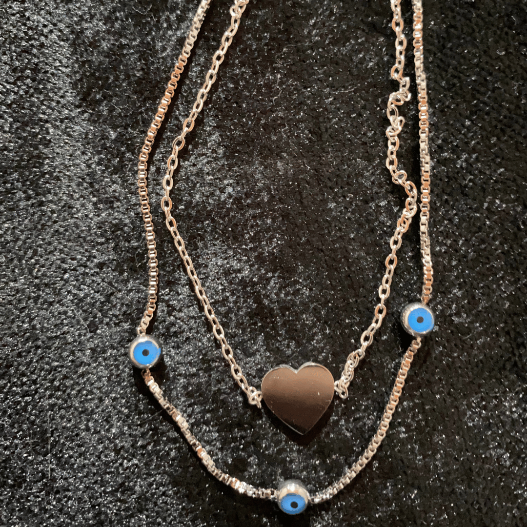 Çok Katmanlı Kalp ve Nazar Boncuklu Gümüş Renkli Halhal