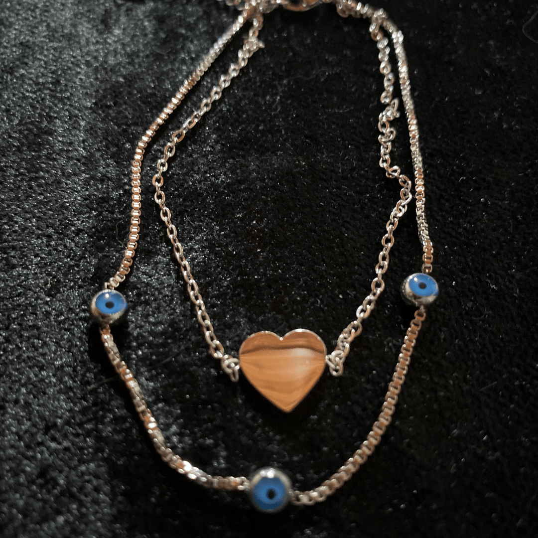 Çok Katmanlı Kalp ve Nazar Boncuklu Gümüş Renkli Halhal