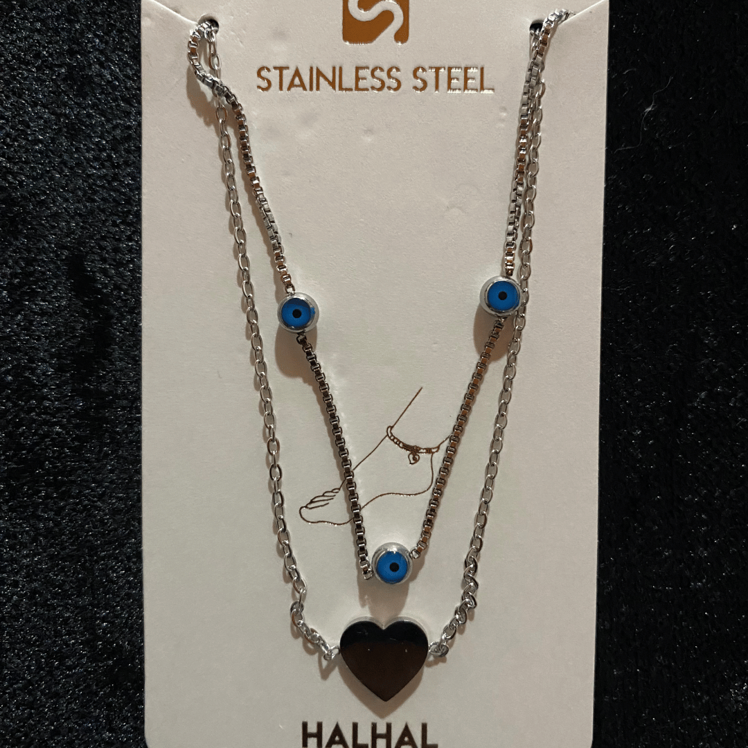 Çok Katmanlı Kalp ve Nazar Boncuklu Gümüş Renkli Halhal