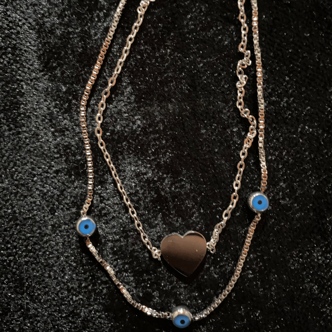 Çok Katmanlı Kalp ve Nazar Boncuklu Gümüş Renkli Halhal