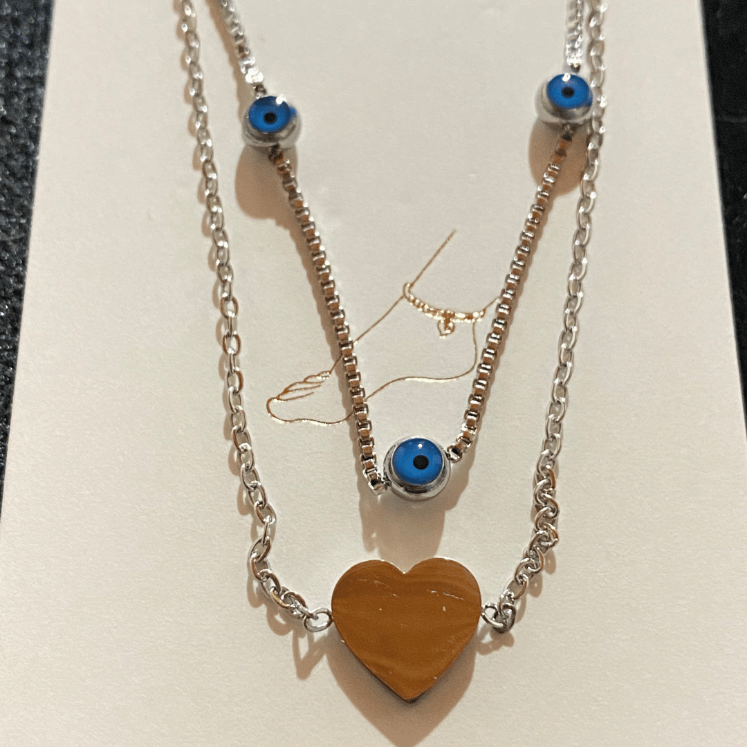 Çok Katmanlı Kalp ve Nazar Boncuklu Gümüş Renkli Halhal