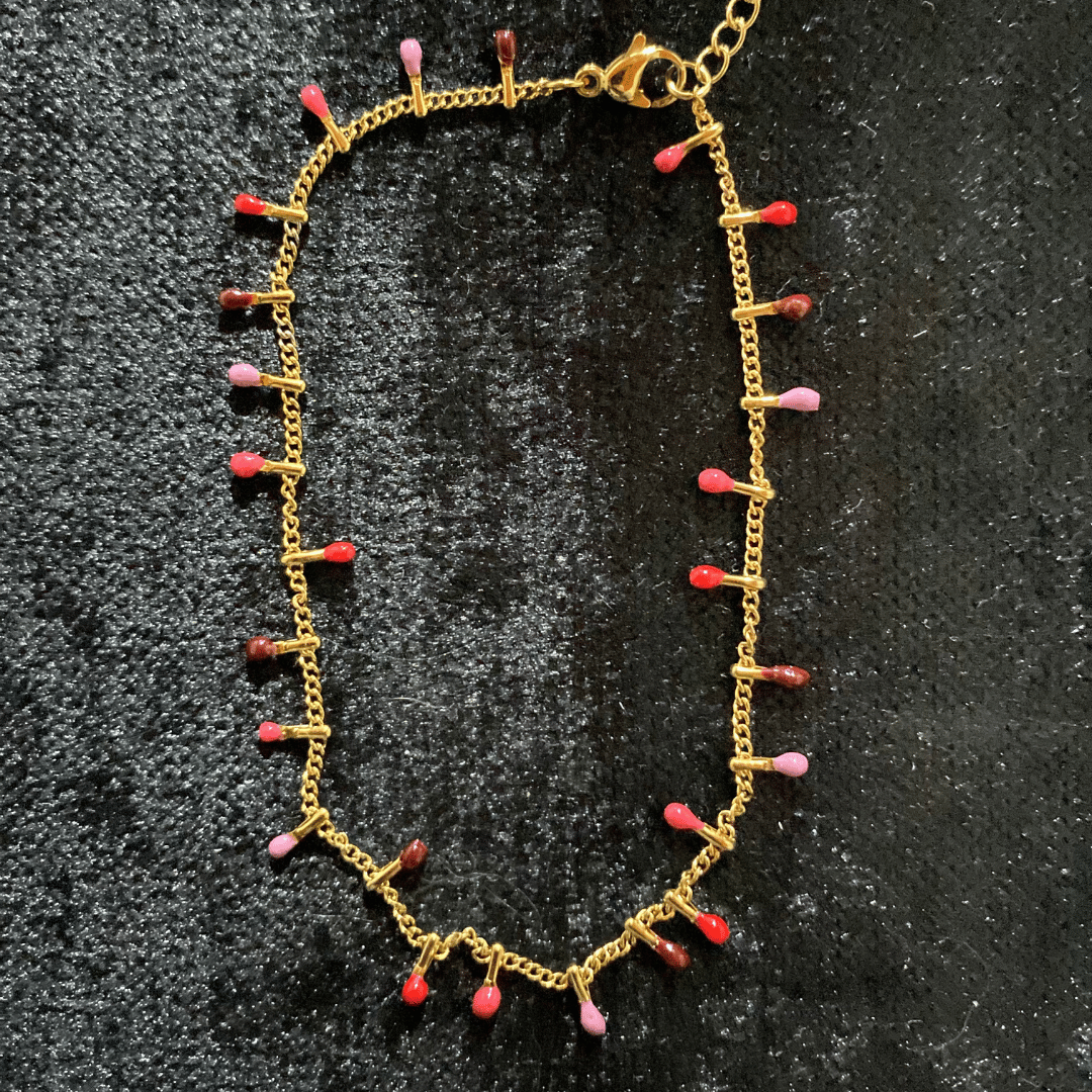 Renkli Mine İşlemeli Damla Uçlu Gold Zincir Halhal