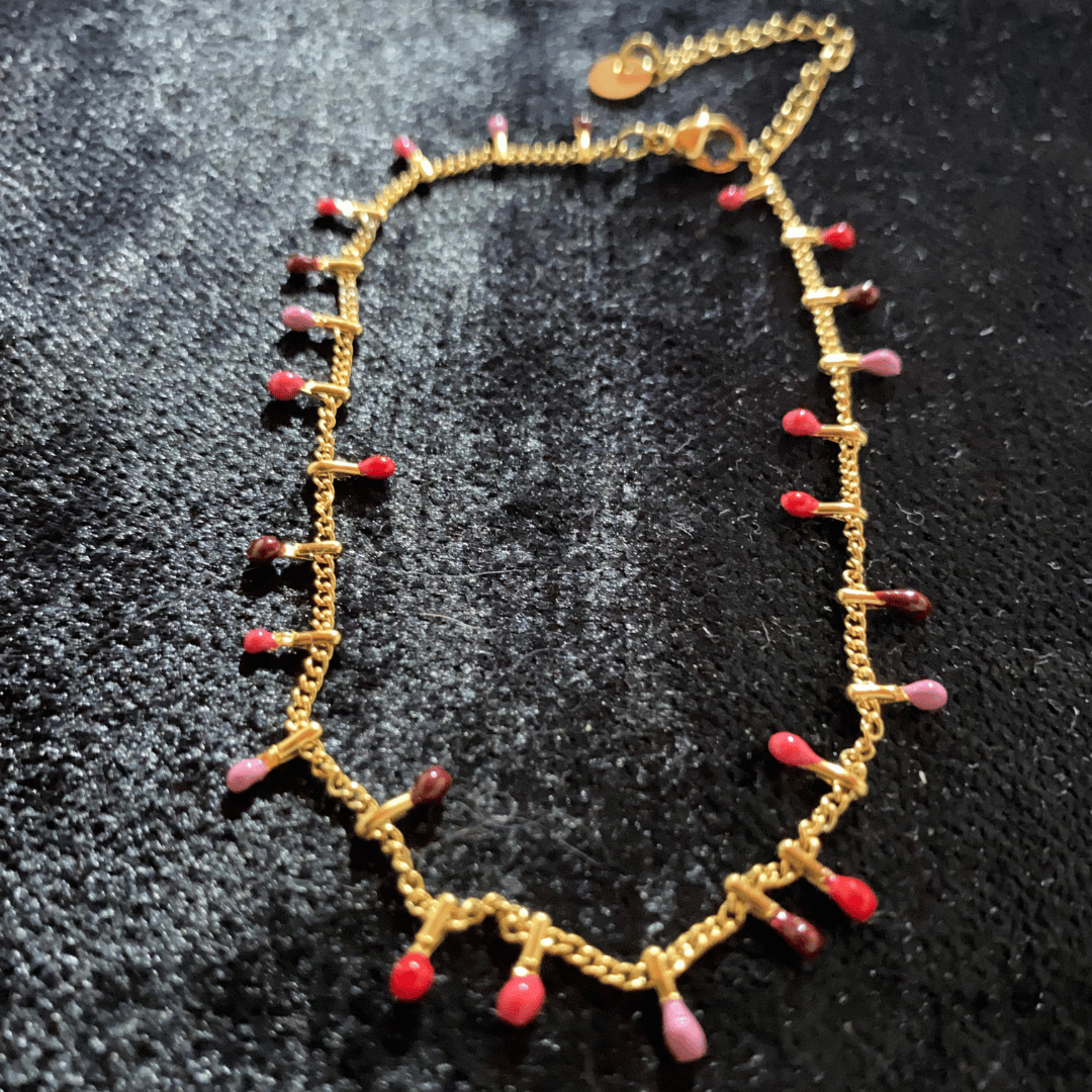 Renkli Mine İşlemeli Damla Uçlu Gold Zincir Halhal