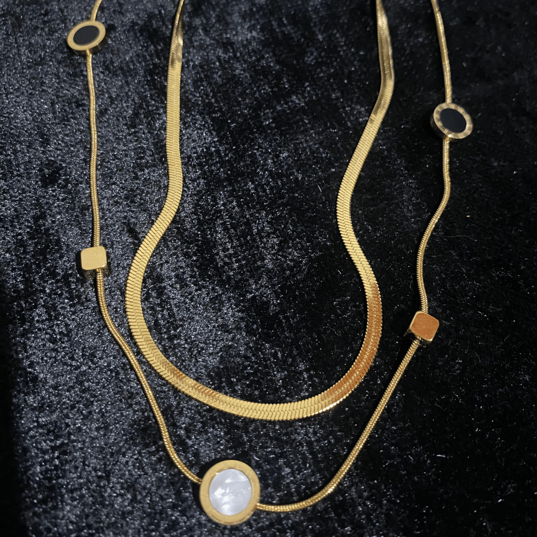 Altın Kaplama İkili Katmanlı Yılan Zincir Sedef & Siyah Kolye Seti