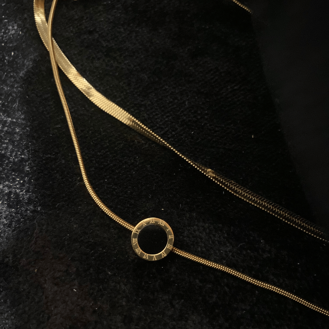 Altın Kaplama İkili Katmanlı Yılan Zincir Sedef & Siyah Kolye Seti