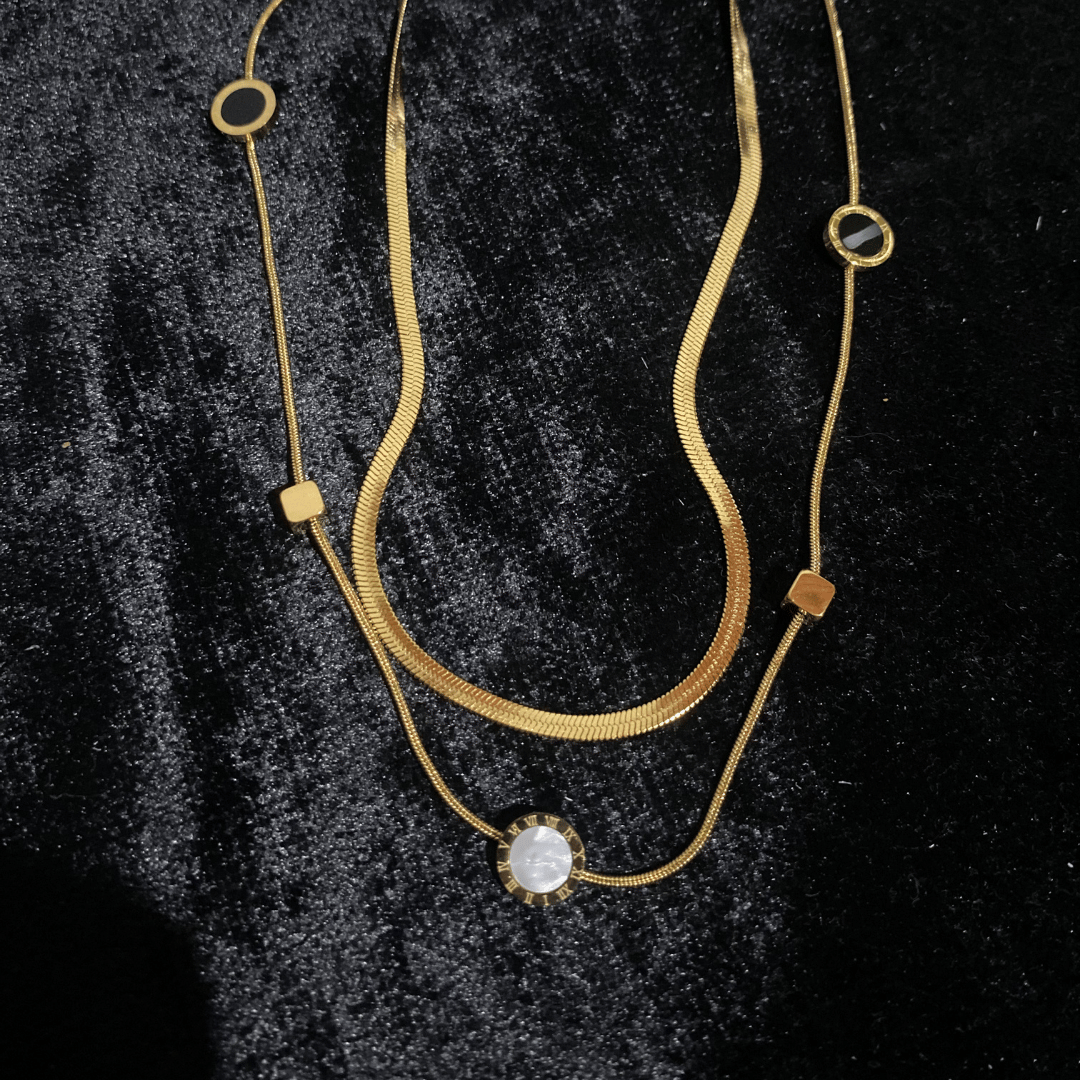 Altın Kaplama İkili Katmanlı Yılan Zincir Sedef & Siyah Kolye Seti