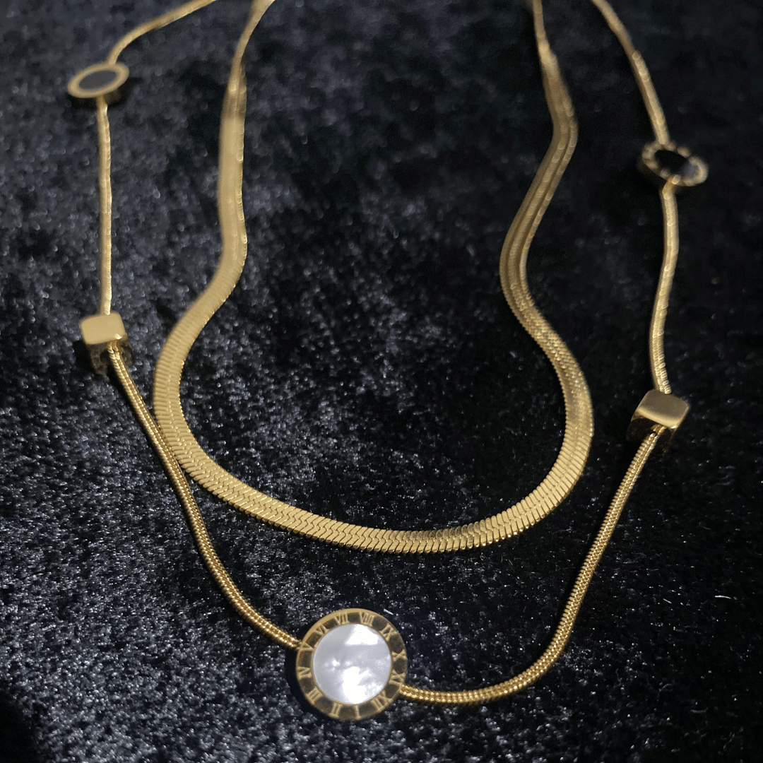 Altın Kaplama İkili Katmanlı Yılan Zincir Sedef & Siyah Kolye Seti