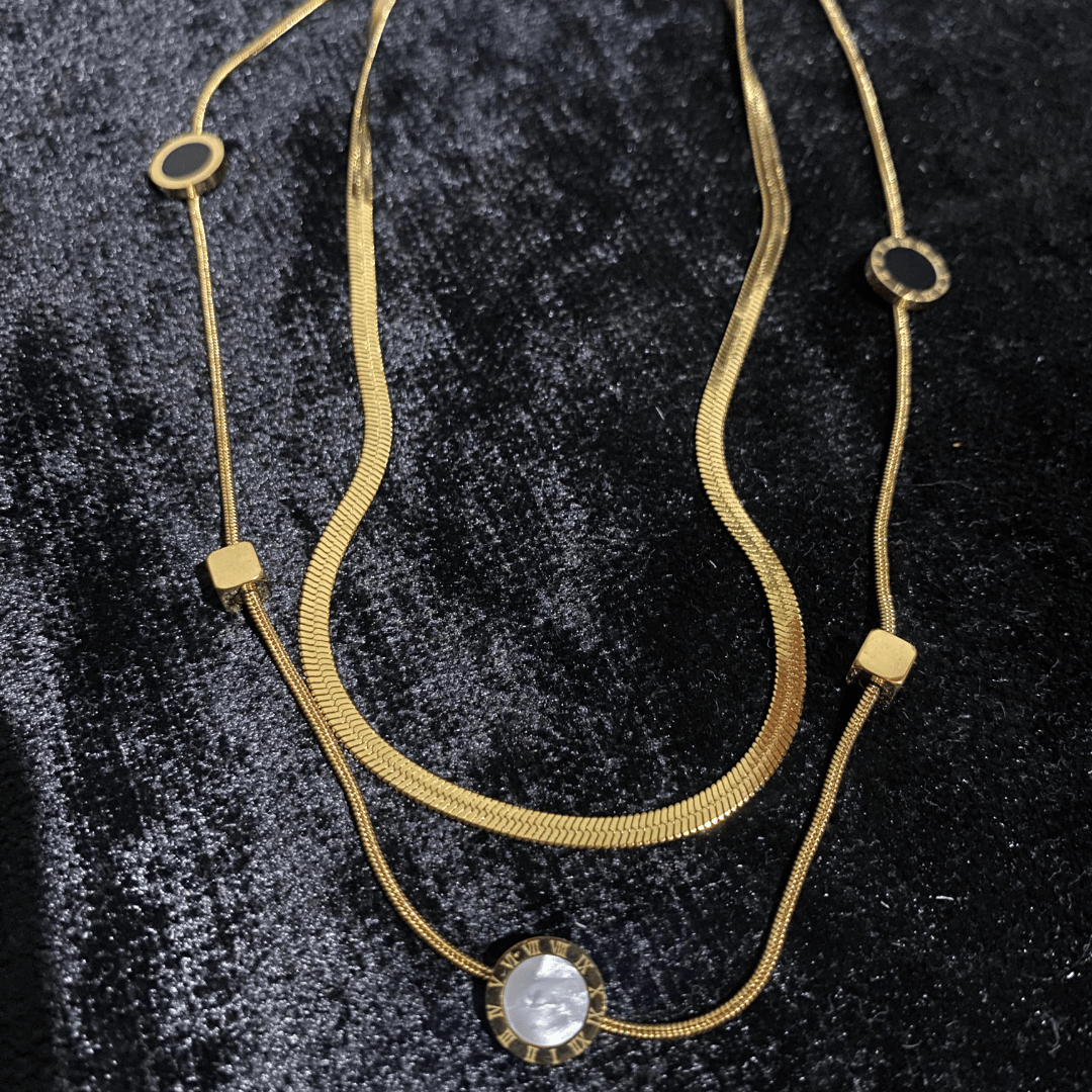 Altın Kaplama İkili Katmanlı Yılan Zincir Sedef & Siyah Kolye Seti